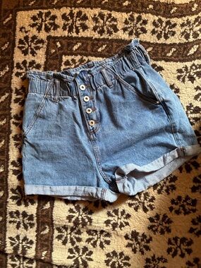 High-Rise Paperbag Denim Shorts in Blue